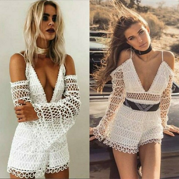 White Cold Shoulder Crochet Netted Lace Romper - Picture 2 of 4